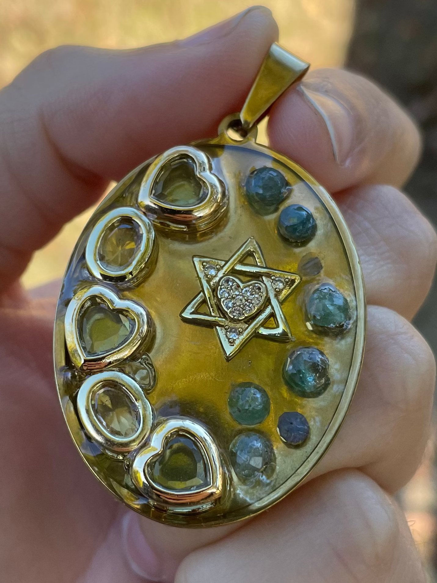Endless Love: Heart Magen David, Apatite Gems and Zirconia Hearts Gold plated Pendant
