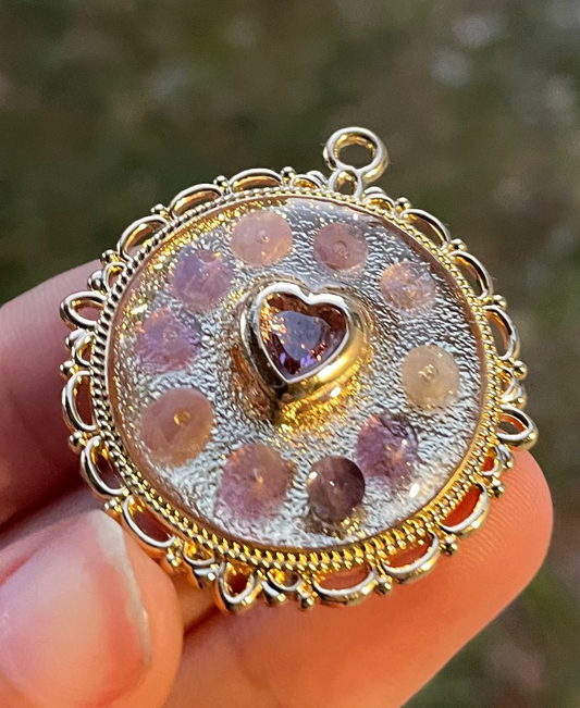 Zirconia Purple Heart and Amethyst Purple Gemstones in Gold Plated Decorated Pendant