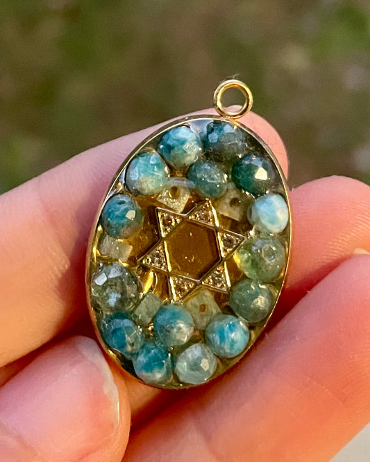 Gold Plated Zirconia Magen David with Blue Apatite Gemstones Oval Resin Pendant