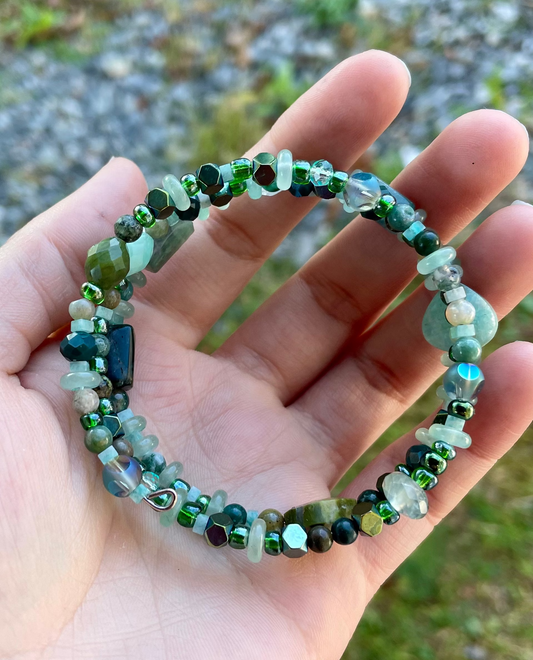 Green Gemstones and glass Stretchy Layered Bracelet