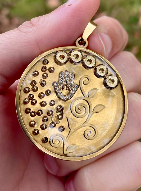 Gold Plated Round Hamsa Pendant with Gold Spiral Leaf and Beads