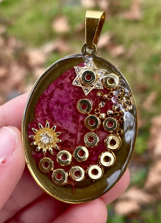 Daisy: Pink Israeli Flower Gold Plated Magen David, Daisy Flower Charm Asymmetrical Resin Pendant