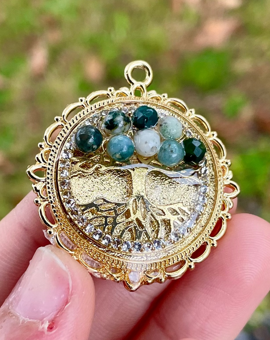Gold Plated Tree of Life Pendant with Green and White Agate Gemstones