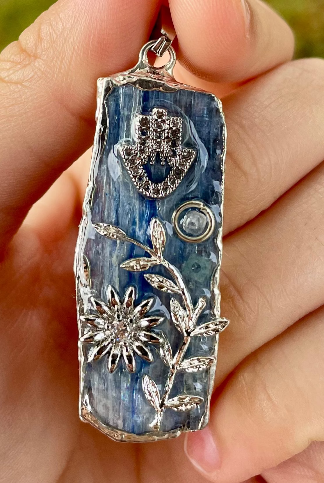 Blue Calcite Pendant with Zirconia Hamsa and Silver Leaves