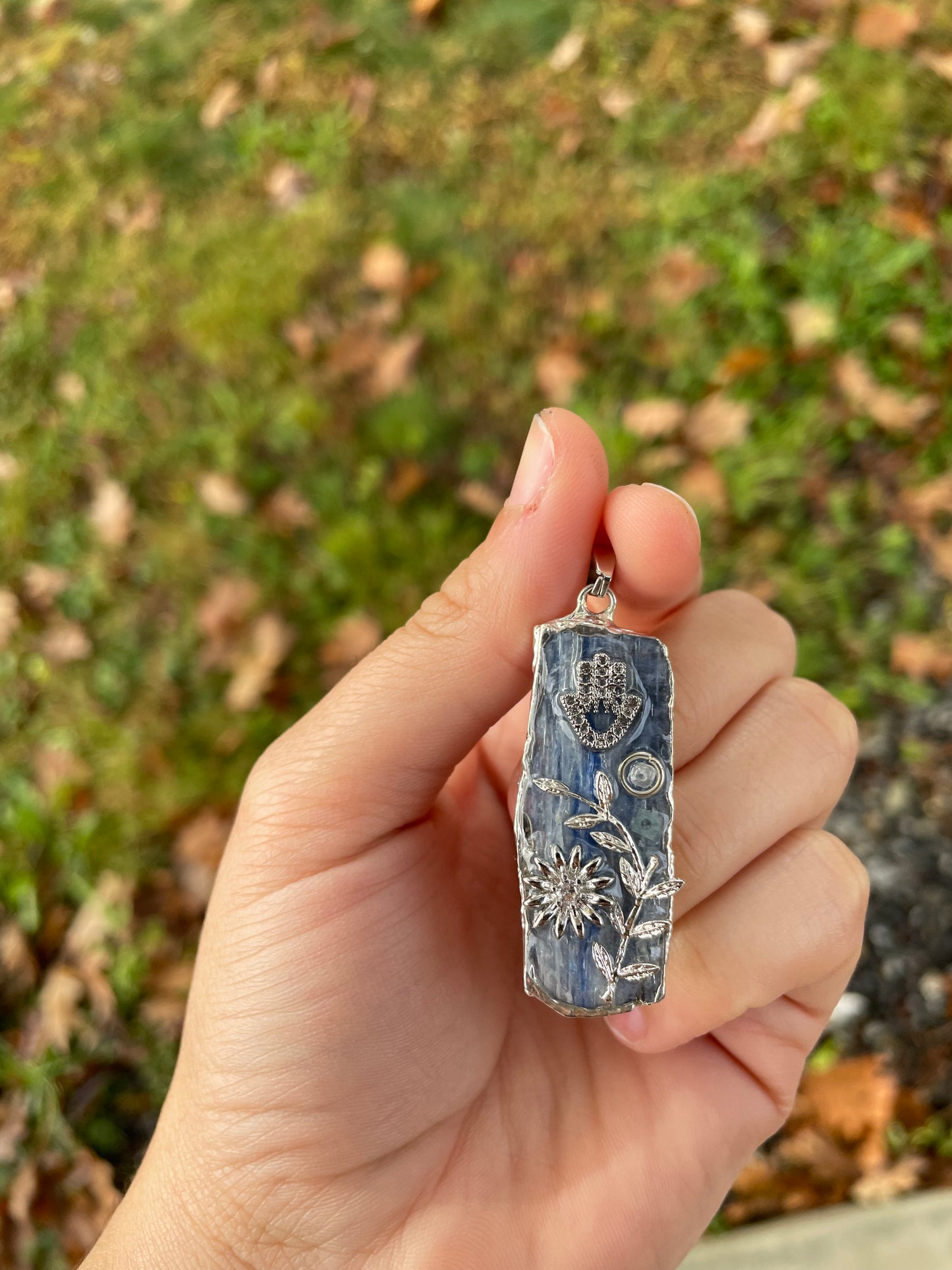 Blue Calcite Pendant with Zirconia Hamsa and Silver Leaves