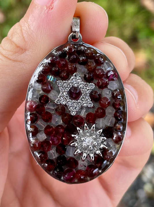 Alona: Garnet Gemstones and Labradorite Oval Zirconia Magen David and Flower Pendant