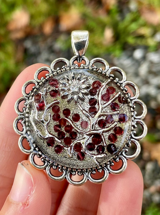 Garnet Gemstones Silver Branches and Silver Flower Resin Pendant