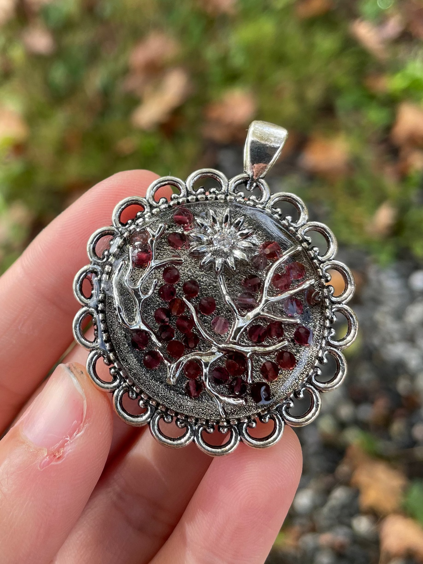 Garnet Gemstones Silver Branches and Silver Flower Resin Pendant