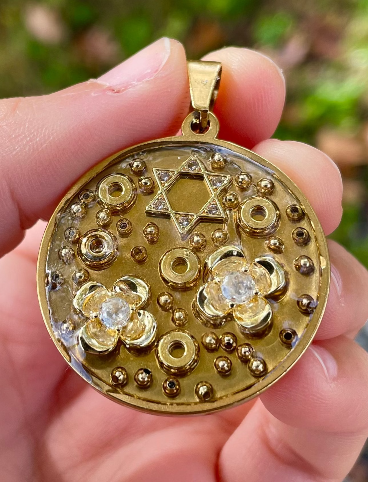 Round Gold In Bloom Magen David Pendant with Golden Beads and Flower Charms