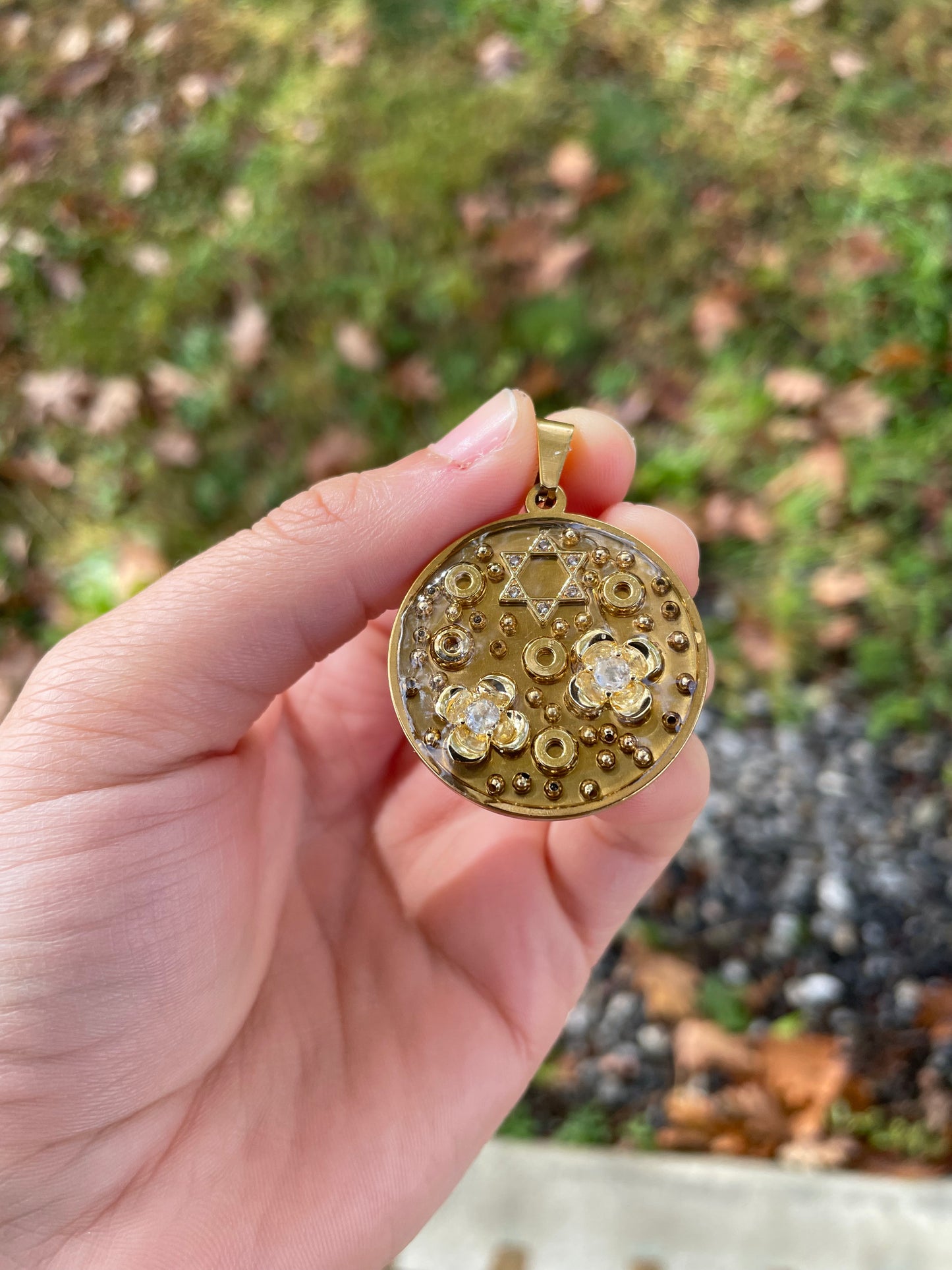 Round Gold In Bloom Magen David Pendant with Golden Beads and Flower Charms