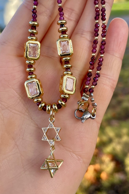 Garnet Gemstones, Gold Plated Beads, Magen David and Merkava Necklace