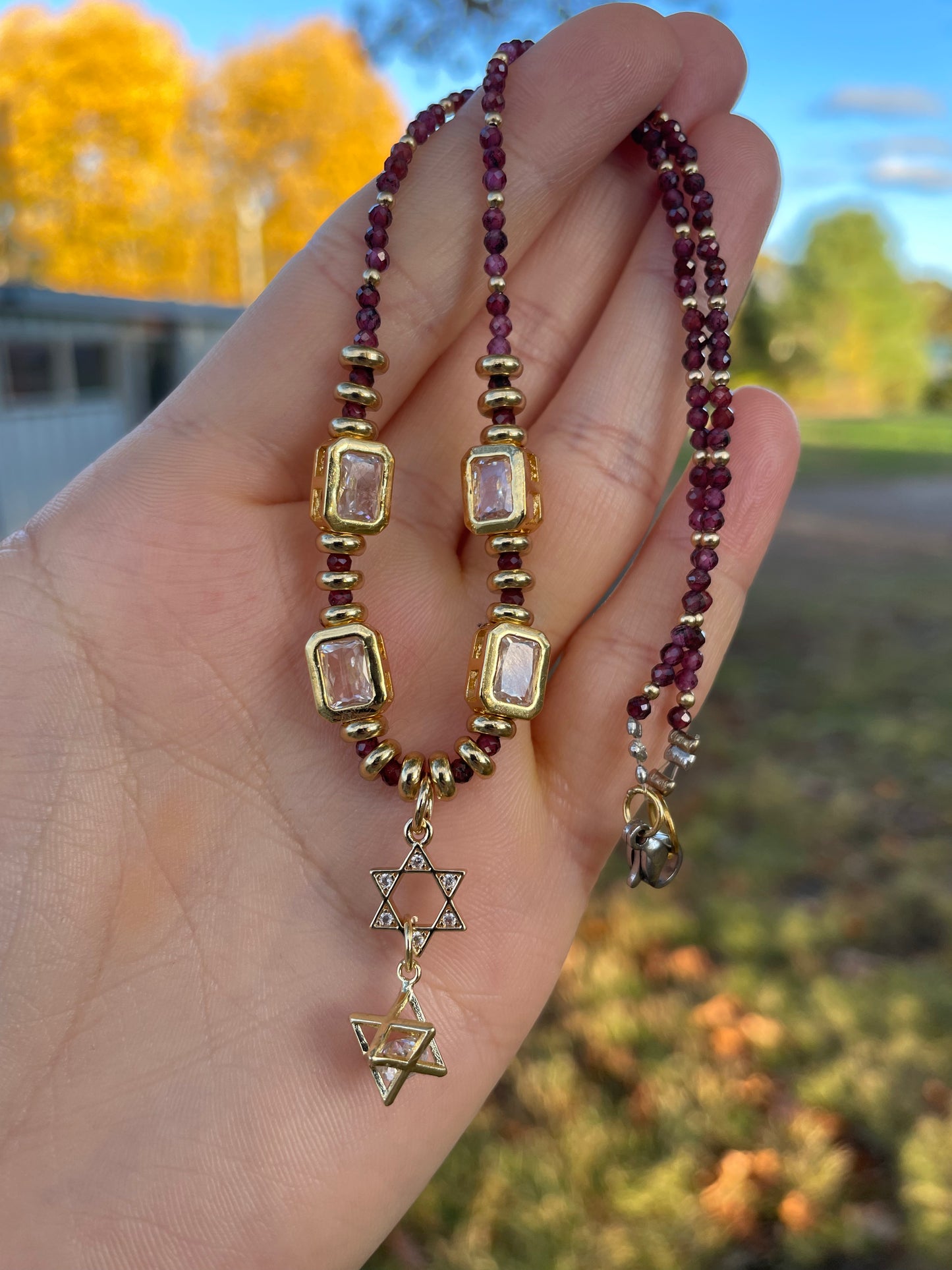 Garnet Gemstones, Gold Plated Beads, Magen David and Merkava Necklace