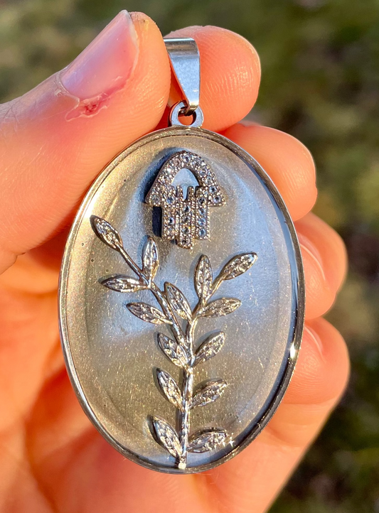 Zirconia Hamsa and Silver leaves Resin Oval Stainless Pendant