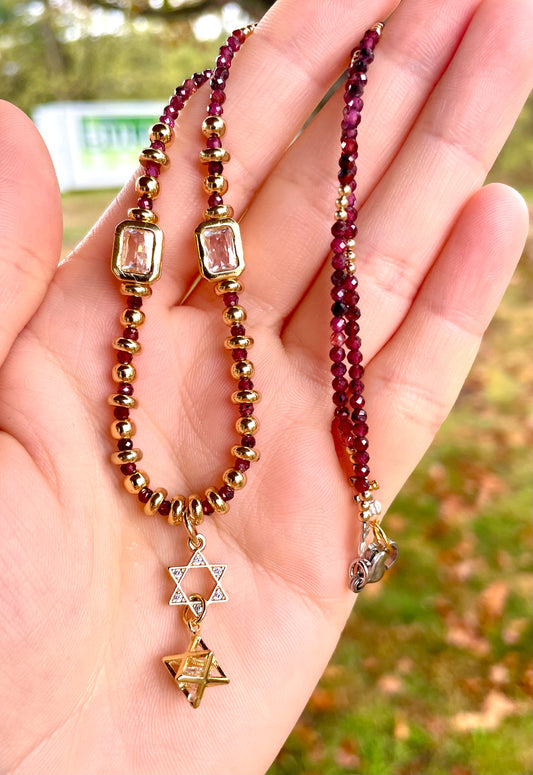 Garnet Gemstones, Gold Plated Beads, Magen David and Merkava Necklace Version 2