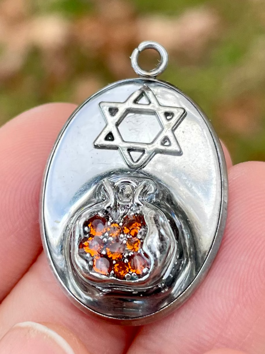 Magen David Silver Pomegranate with Red Zirconia Pendant