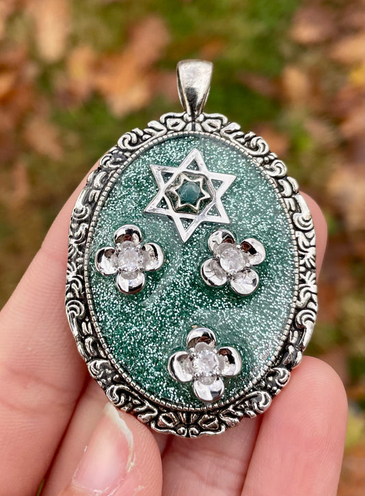 Blue Bloom Magen David Silver toned Resin Pendant with Apatite Gemstones