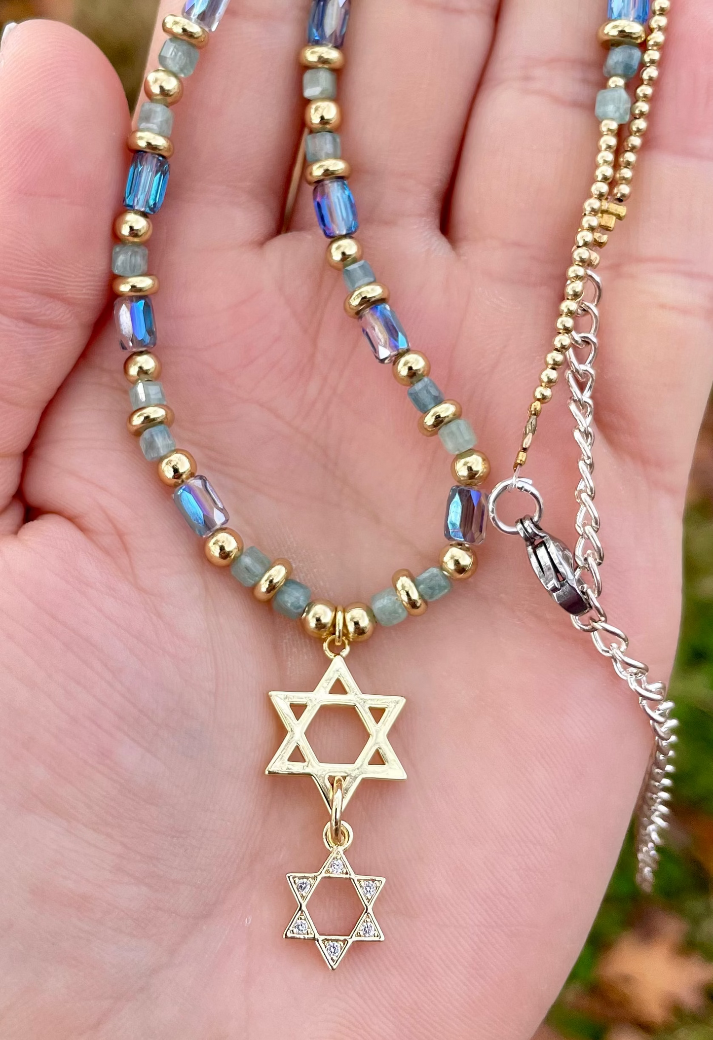 Gold Plated Double Magen David Kyanite Gemstones and Blue Glass Beaded Necklace