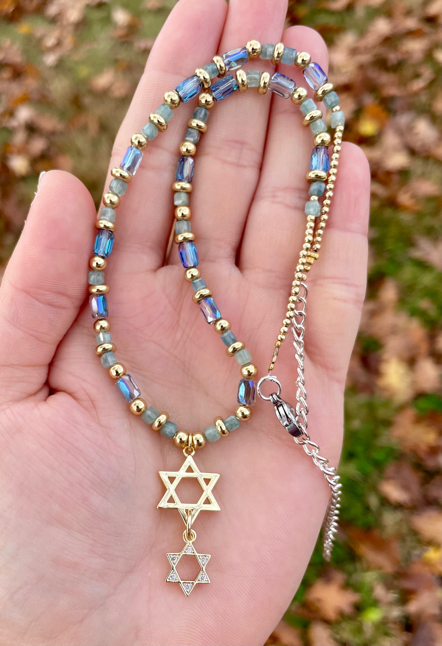 Gold Plated Double Magen David Kyanite Gemstones and Blue Glass Beaded Necklace