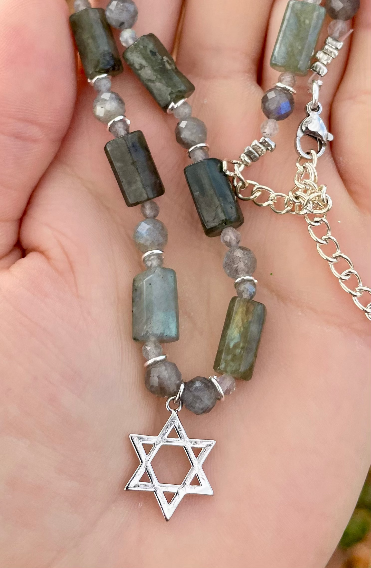 Labradorite Gemstones Beaded Magen David Necklace