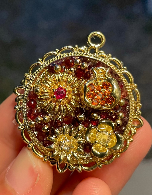 Pomegranate and Pink Flower Garnet Gemstones Gold Plated Pendant 1
