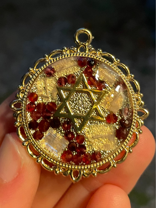 Moonstone Garnet Gemstones Gold Plated Magen David Resin Pendant WITH beaded chain