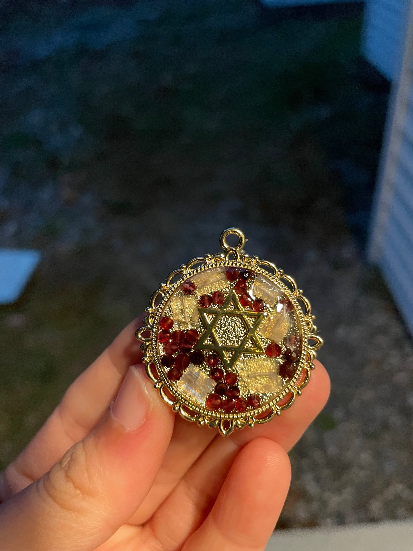 Moonstone Garnet Gemstones Gold Plated Magen David Resin Pendant WITH beaded chain