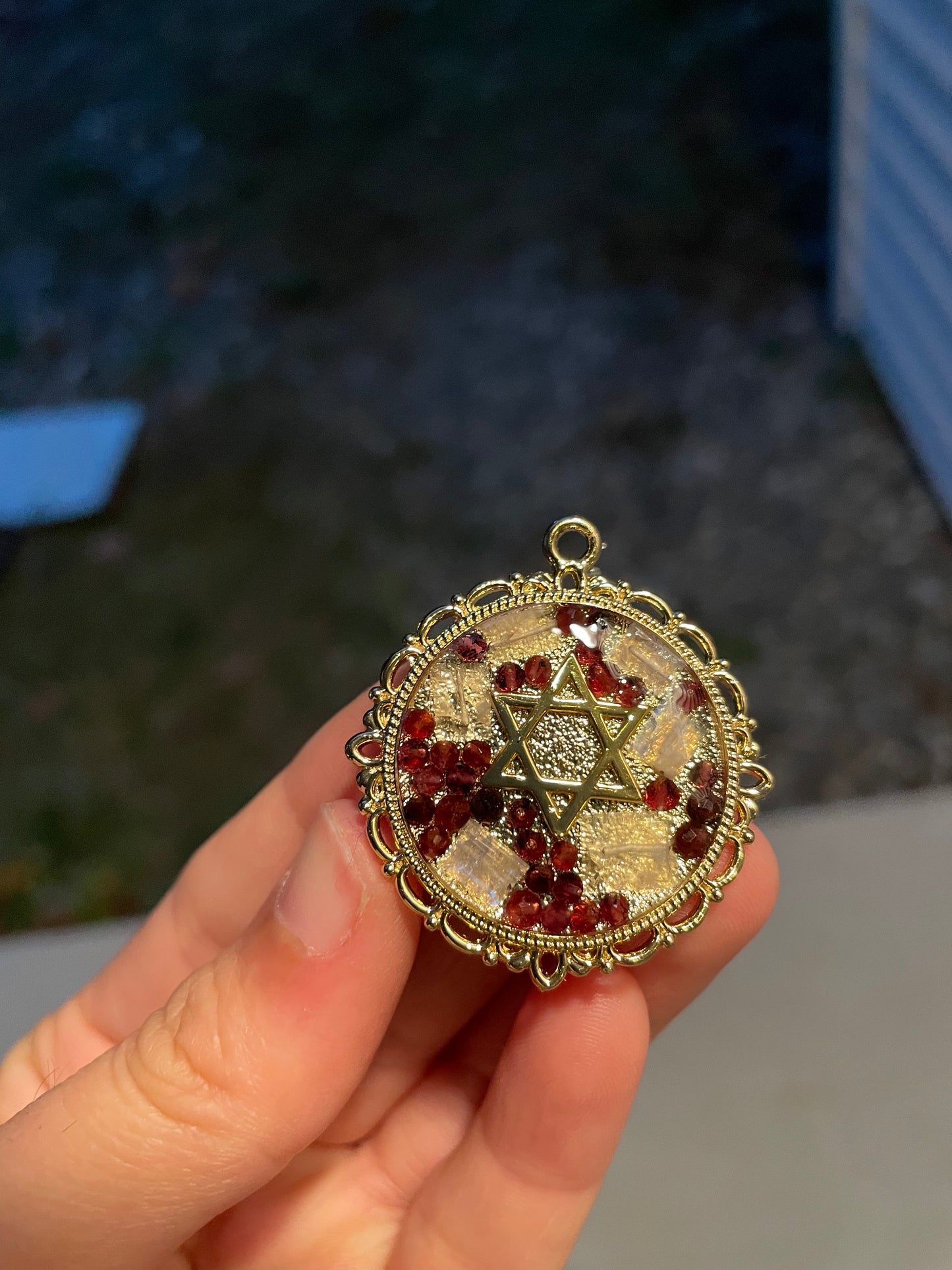Moonstone Garnet Gemstones Gold Plated Magen David Resin Pendant WITH beaded chain