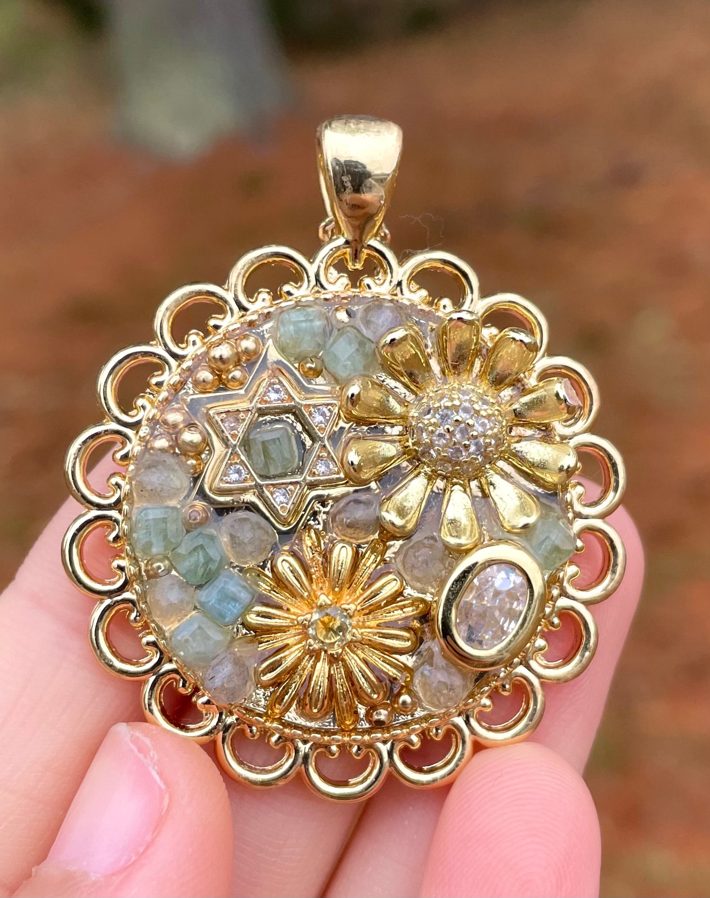 Sunflowers, Magen David and Kyanite Gemstones Gold plated Magen David