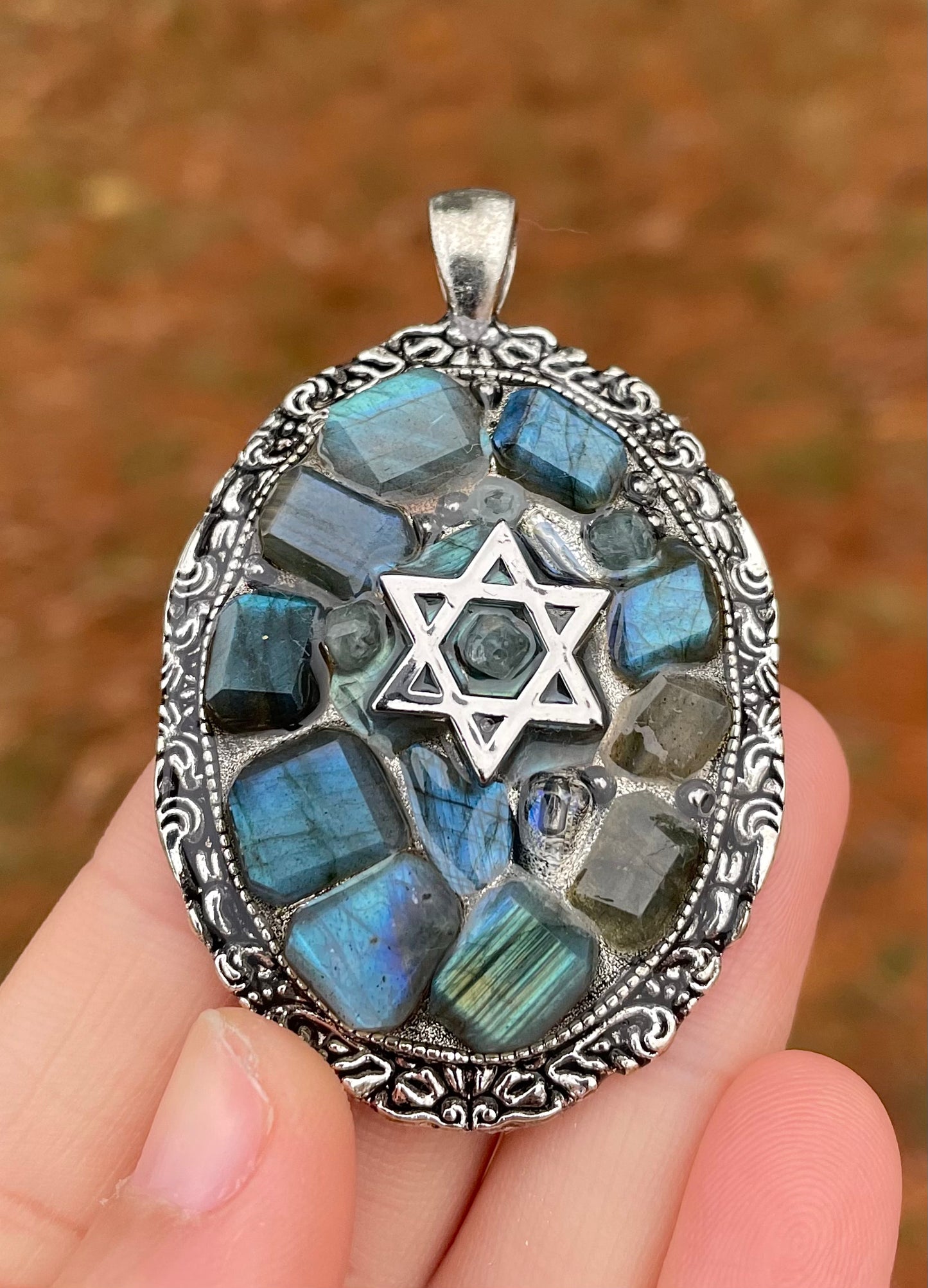 Labradorite Gemstones Magen David Pendant in Silver Tones