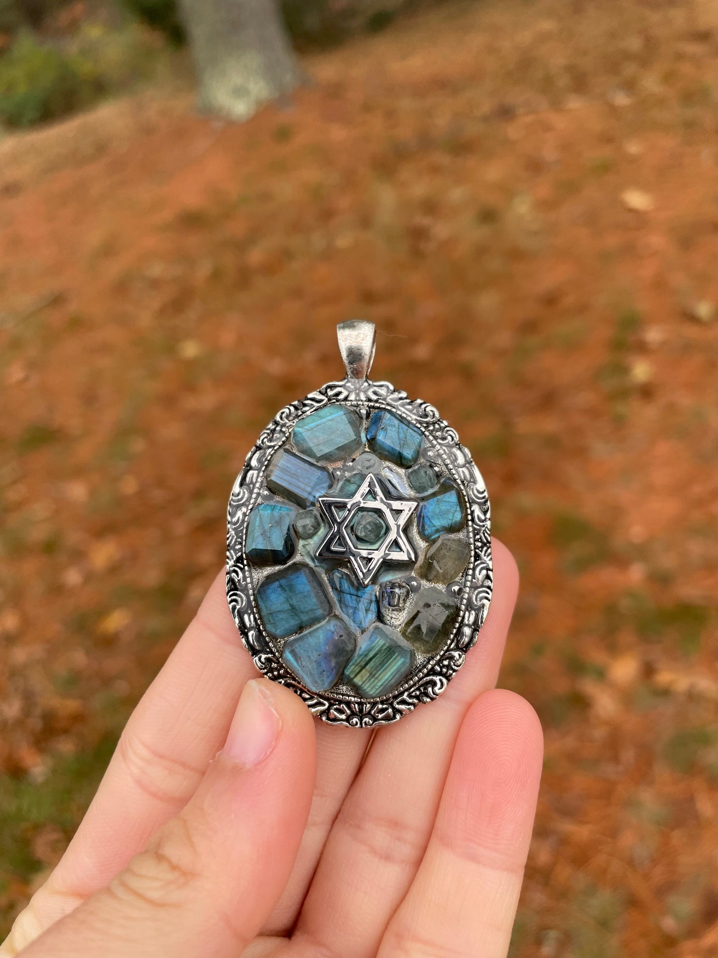 Labradorite Gemstones Magen David Pendant in Silver Tones