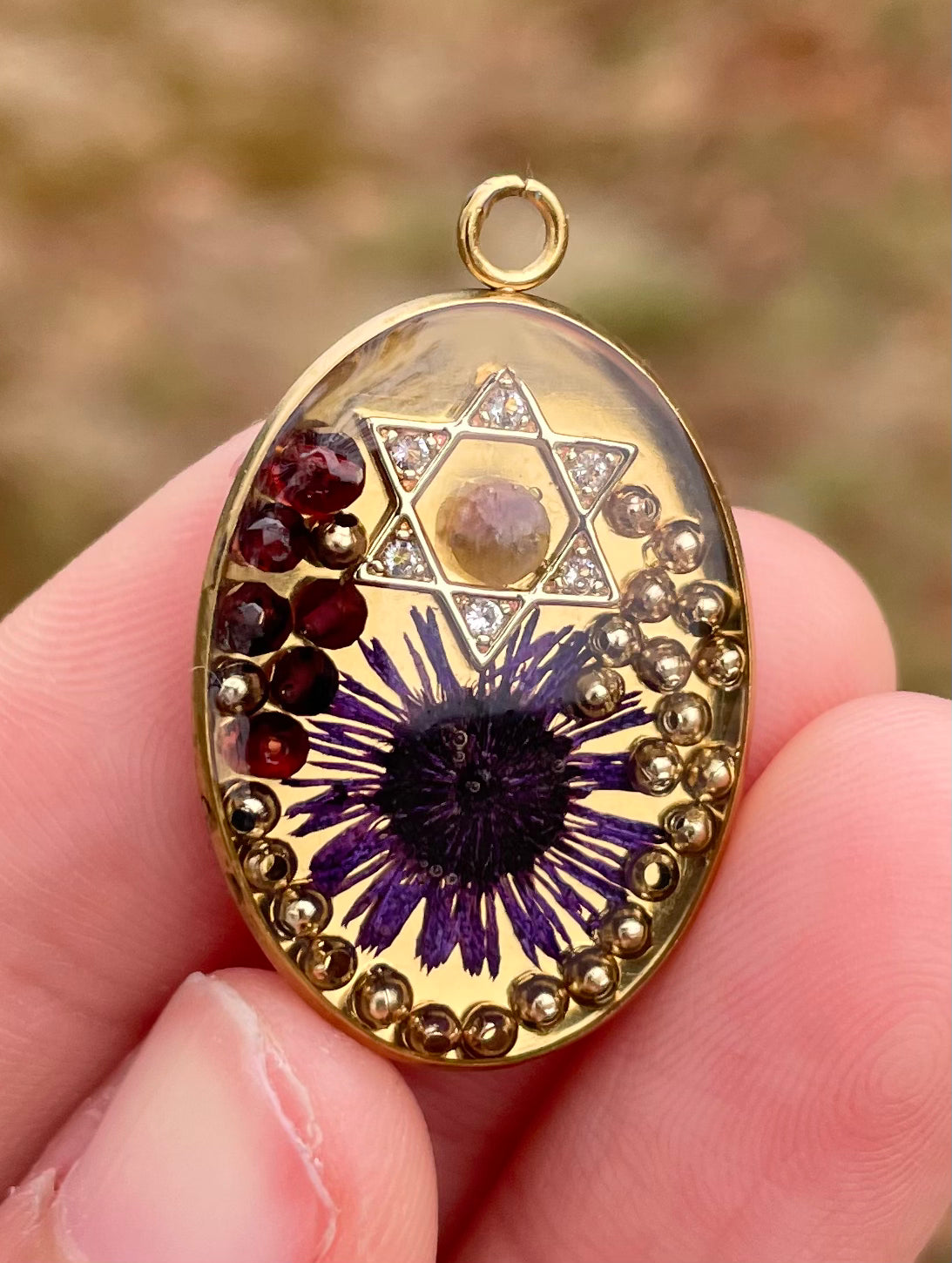Gold Plated, Purple Flower and Garnets Magen David Pendant