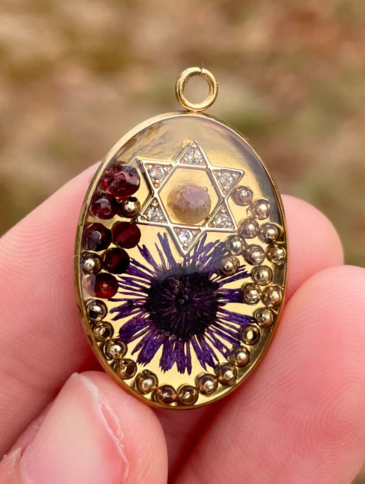 Gold Plated, Purple Flower and Garnets Magen David Pendant