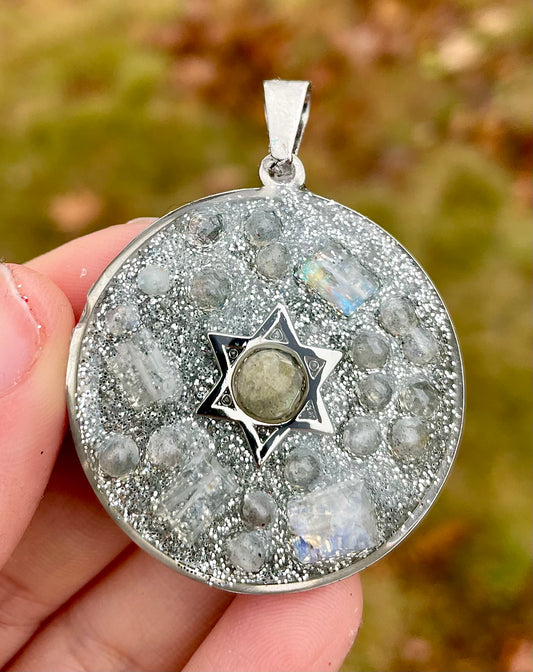 Silver and White Moonstone labradorite Gemstones Magen David Pendant