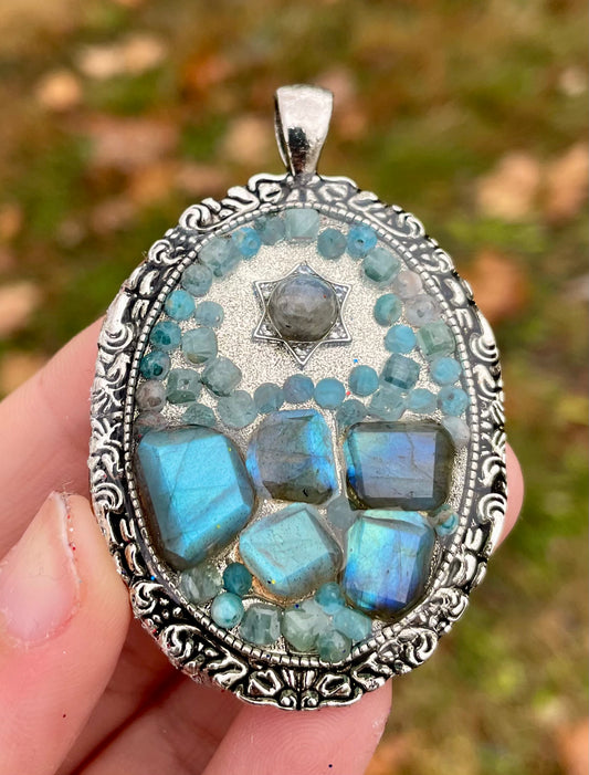 3 Blue Gemstone Types Magen David Pendant with Labradorite, Kyanite and Apatite