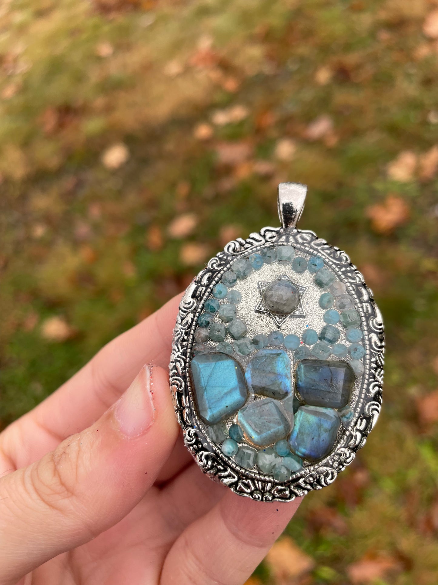 3 Blue Gemstone Types Magen David Pendant with Labradorite, Kyanite and Apatite