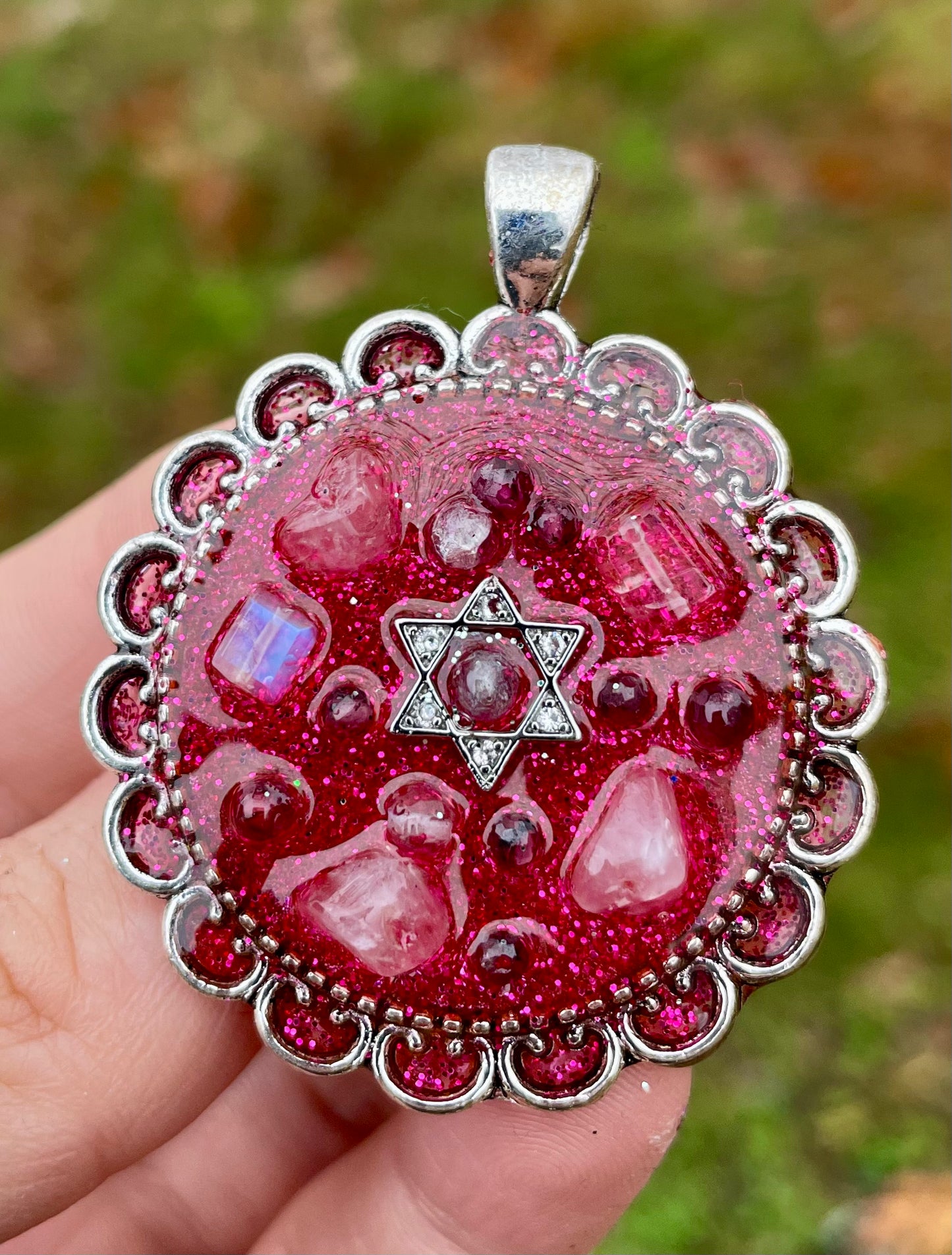 Hot Pink 3 Gemstones Magen David Pendant with Moonstone, Rose Quartz and Garnets