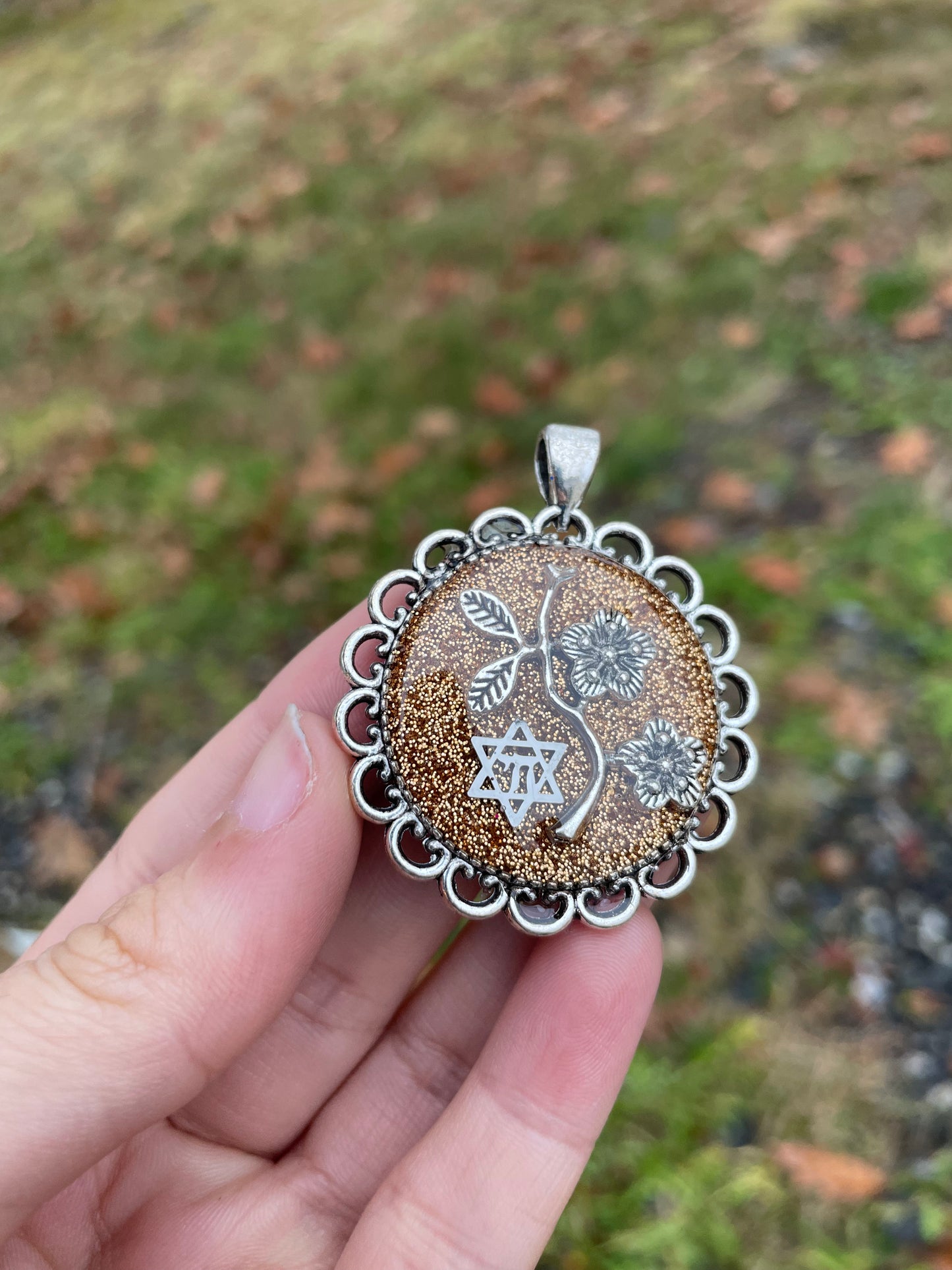 Silver and Amber-Orange Shine Flowers Magen David