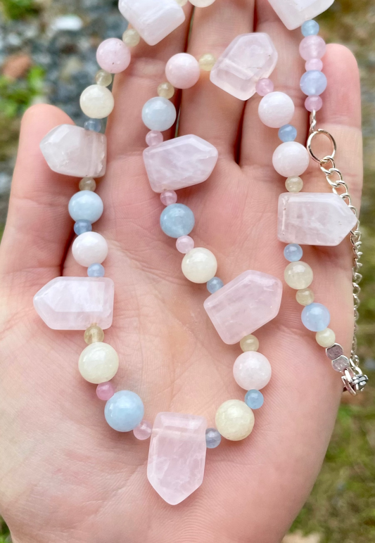 Quartz Baby Blue, Pink and Yellow Gemstones Necklace