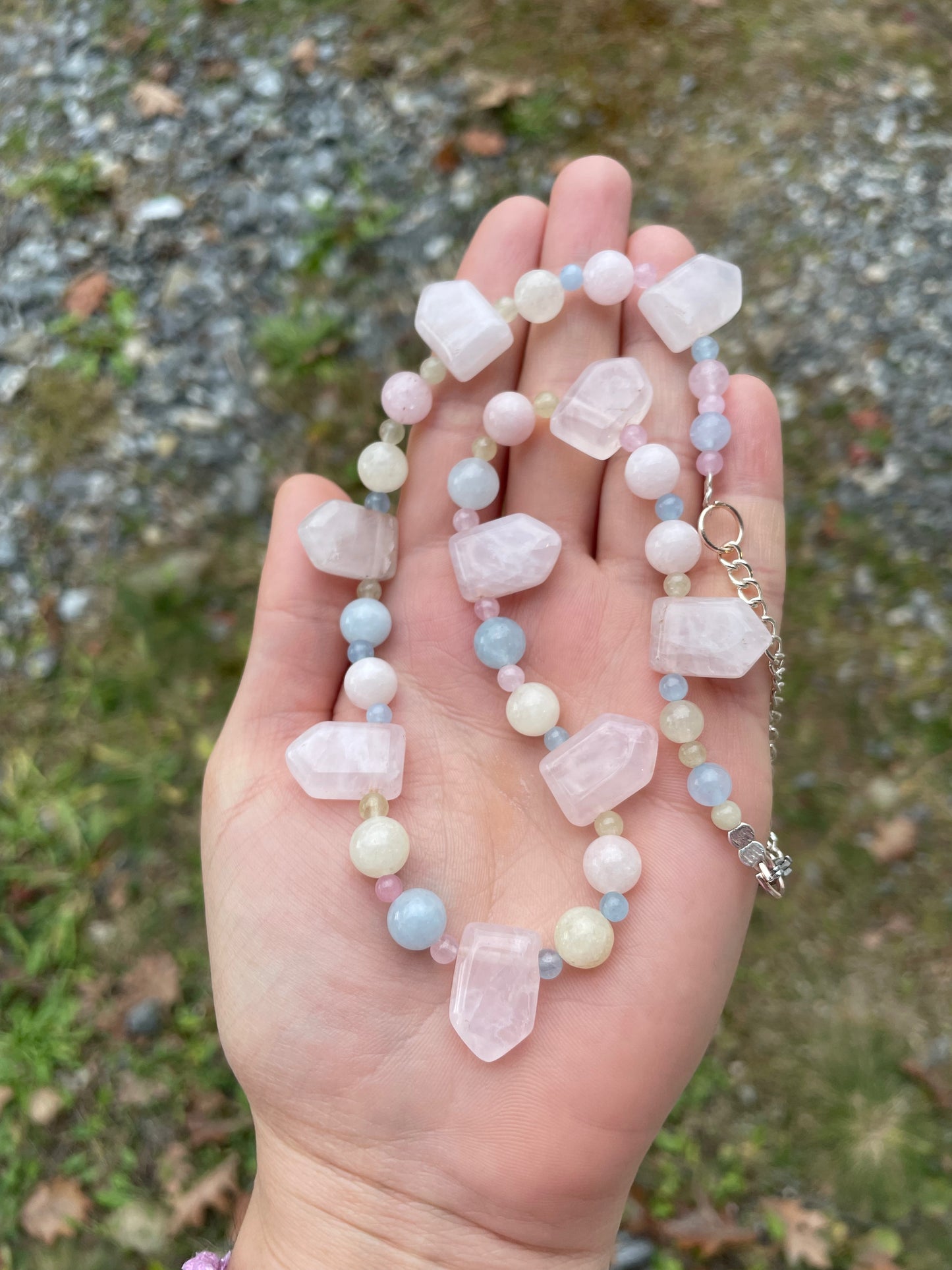 Quartz Baby Blue, Pink and Yellow Gemstones Necklace