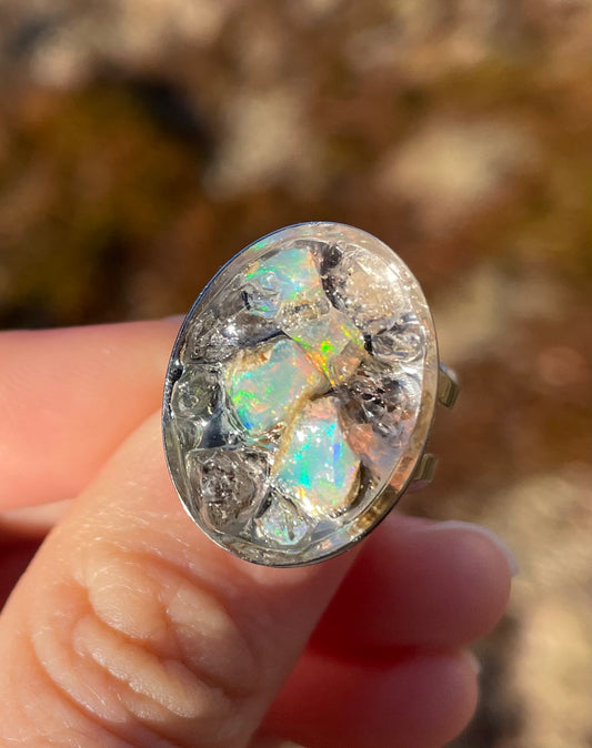 Opal Ring with Quartz and Opal Gemstones