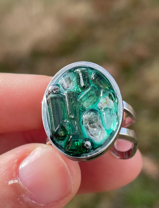 Deep Green Tourmaline & Quartz Ring (adjustable stainless steel, gems & resin)