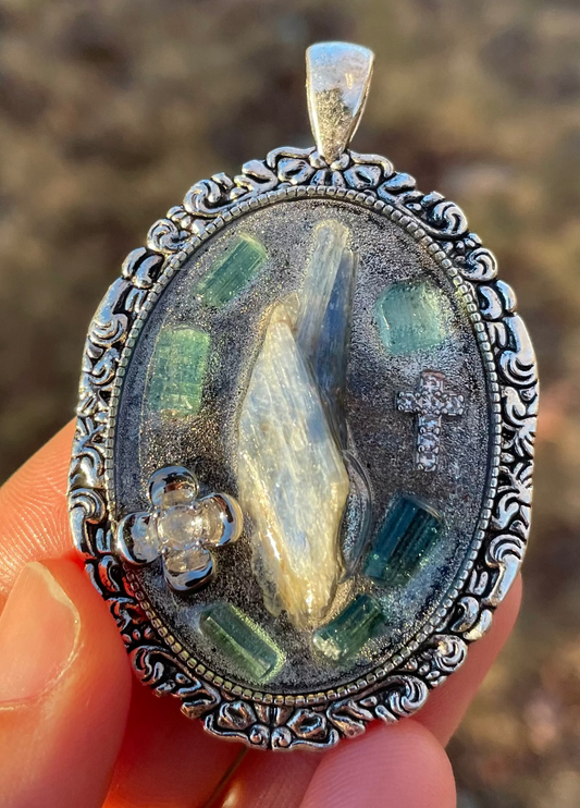 Cross & Flower Bloom Pendant with Kyanite and Blue Tourmaline Gemstones