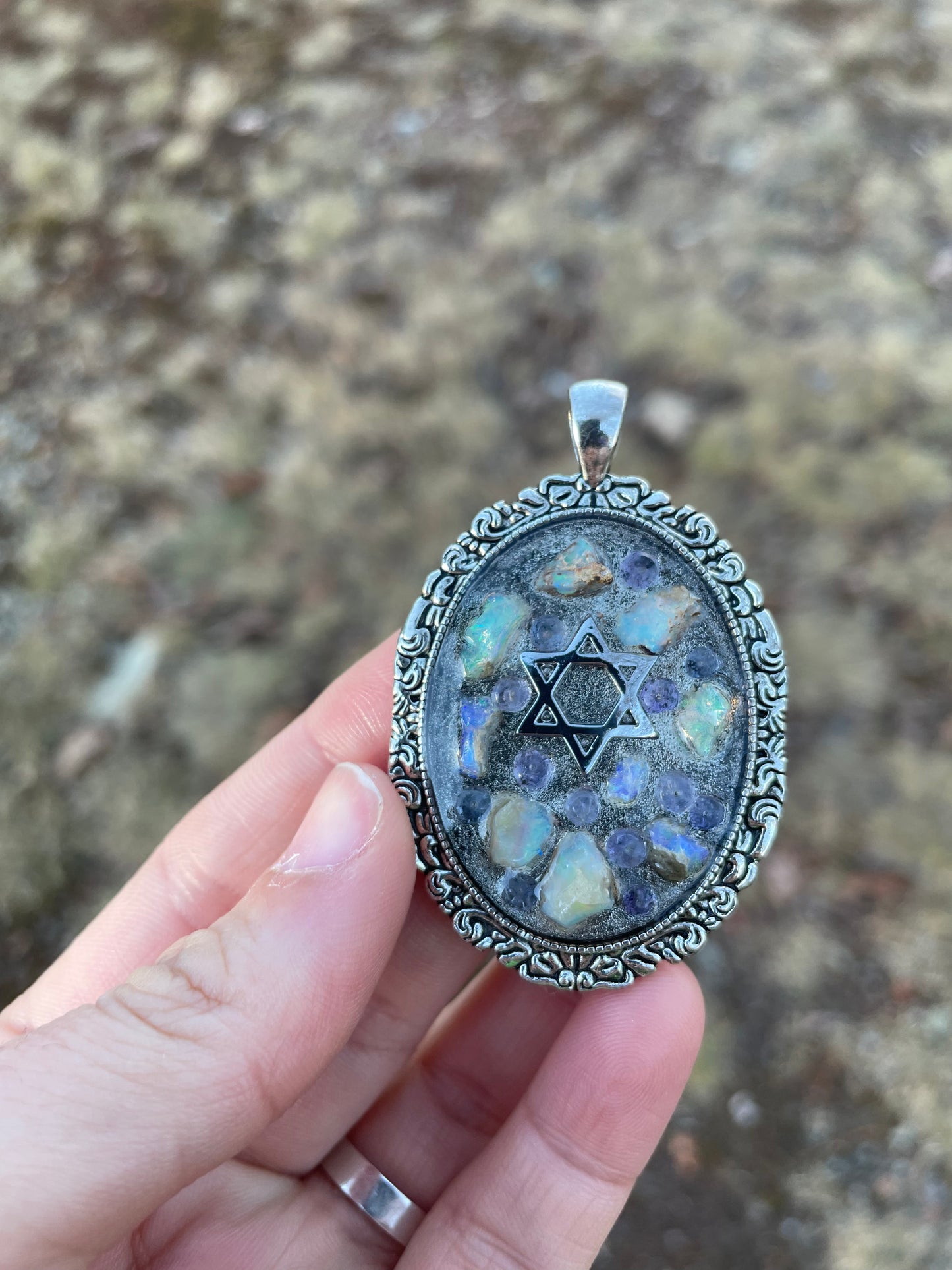 Little Islands: White Opal & Purple Tanzanite Silver toned Magen David Pendant