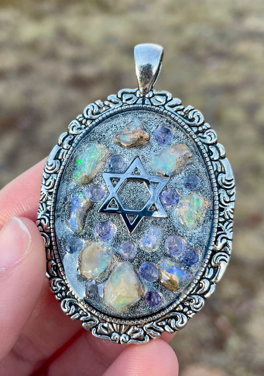 Little Islands: White Opal & Purple Tanzanite Silver toned Magen David Pendant