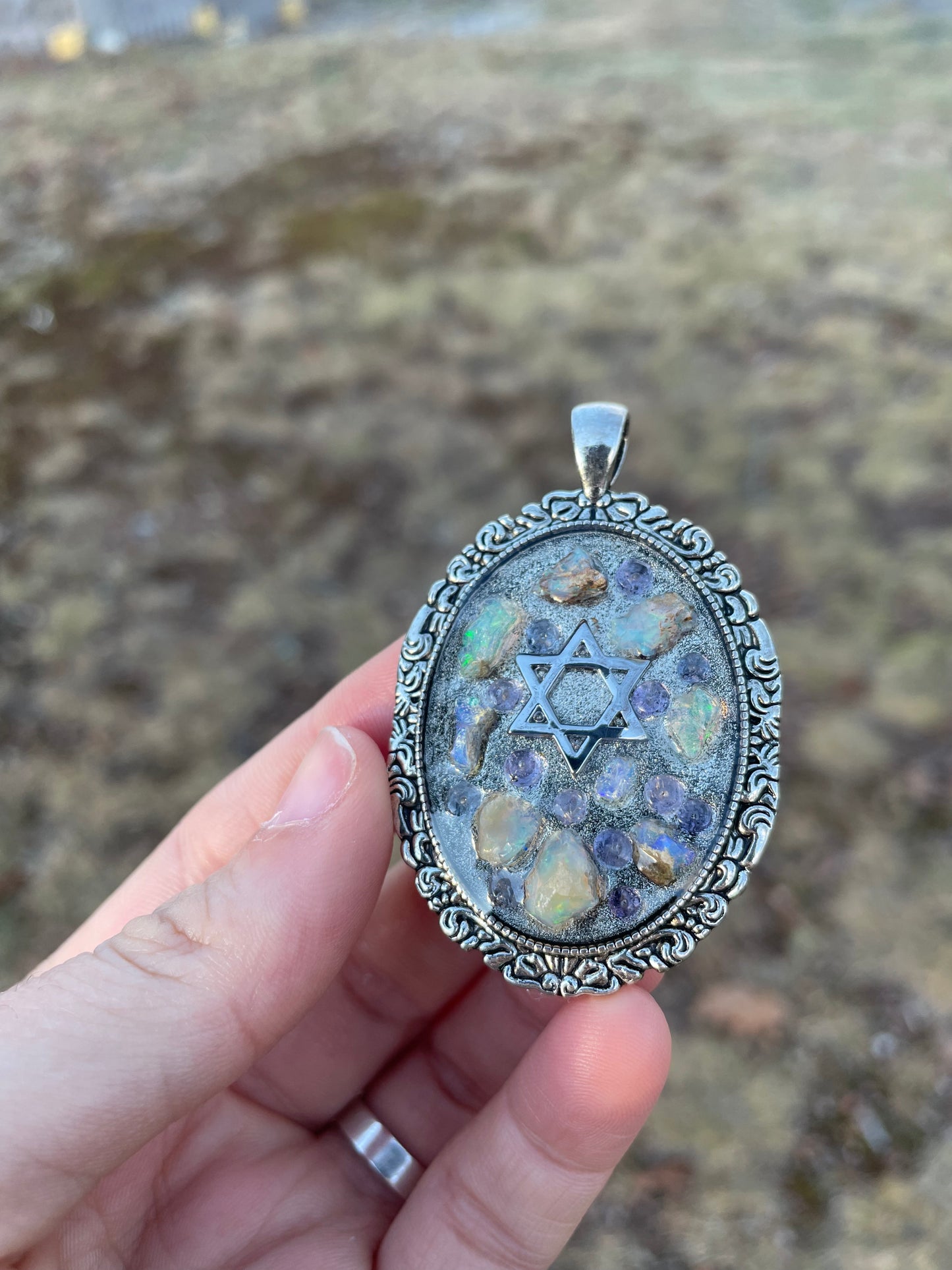 Little Islands: White Opal & Purple Tanzanite Silver toned Magen David Pendant