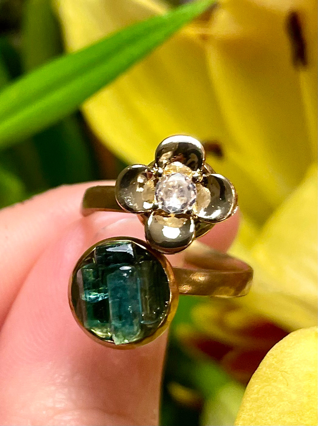 Blue Tourmaline Ring with Flower