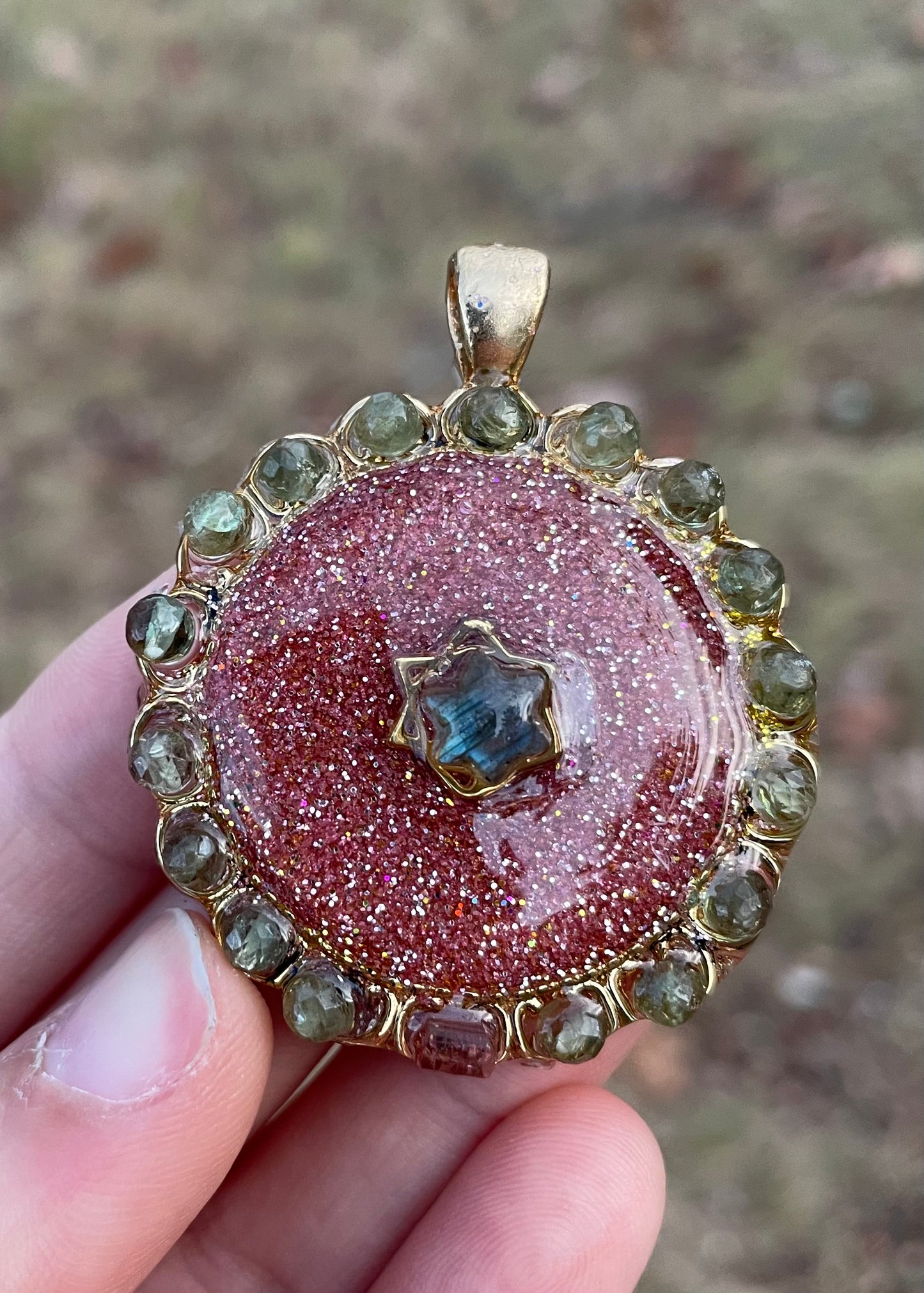 Harmonia: Pink Tourmaline, Blue Kyanite & Labradorite Magen David, Shimmering Pink Pendant in Gold Plating