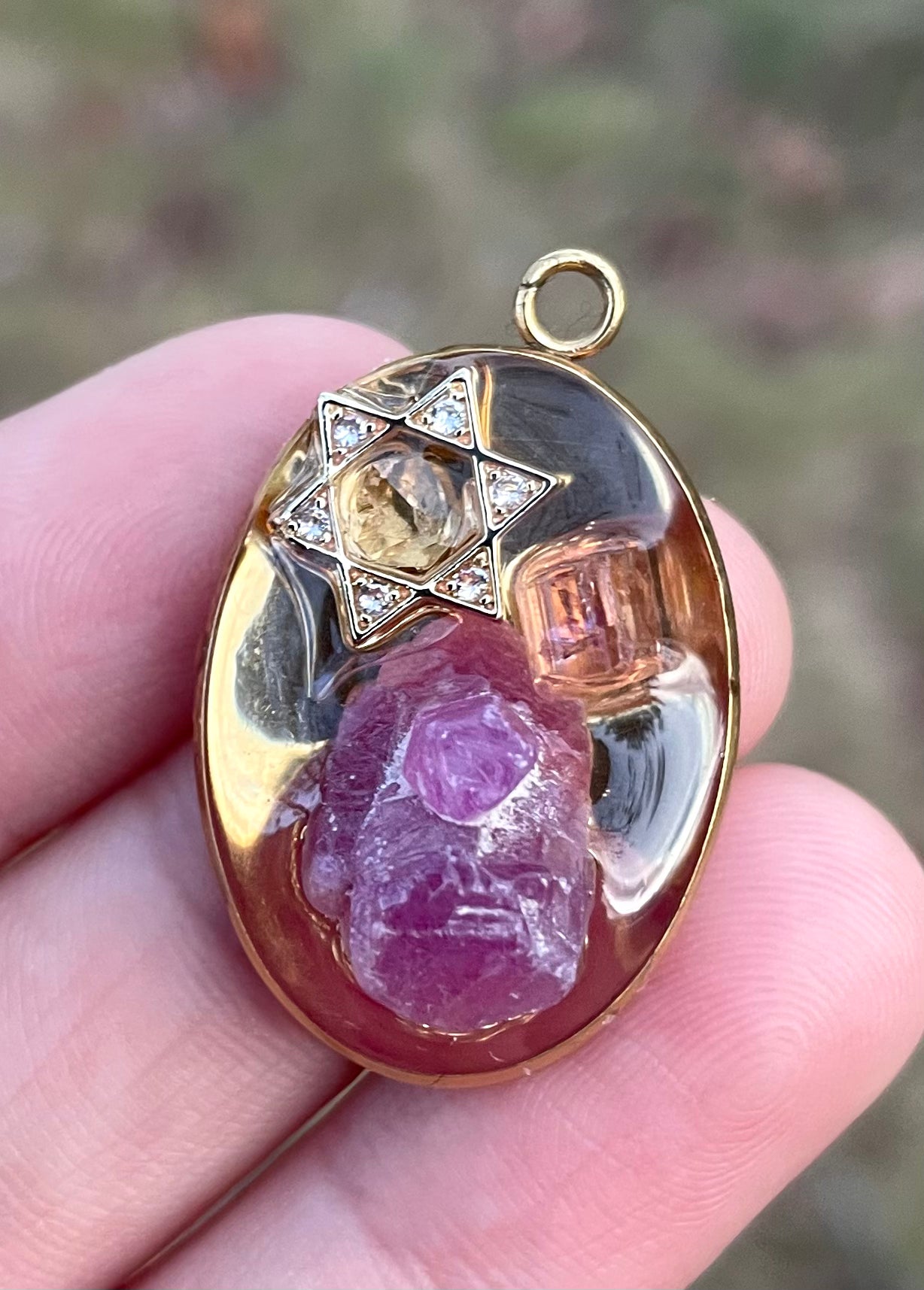 Ruby & Pink Tourmaline Gemstones and Magen David Pendant in Gold plating