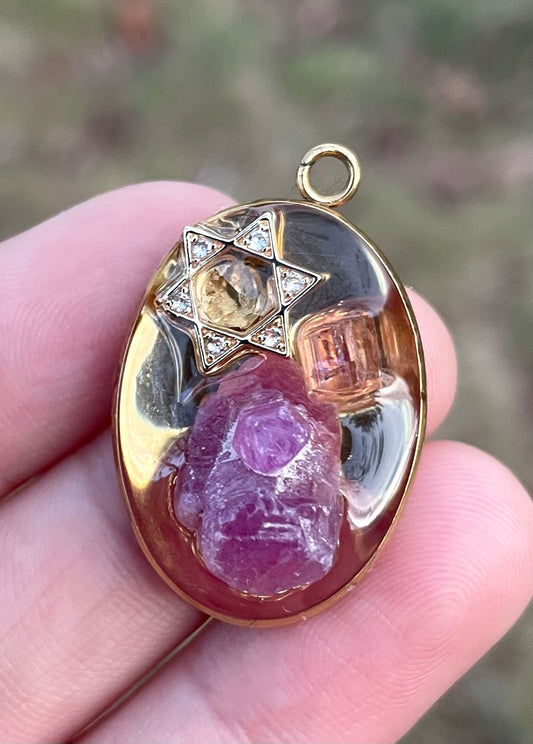 Ruby & Pink Tourmaline Gemstones and Magen David Pendant in Gold plating