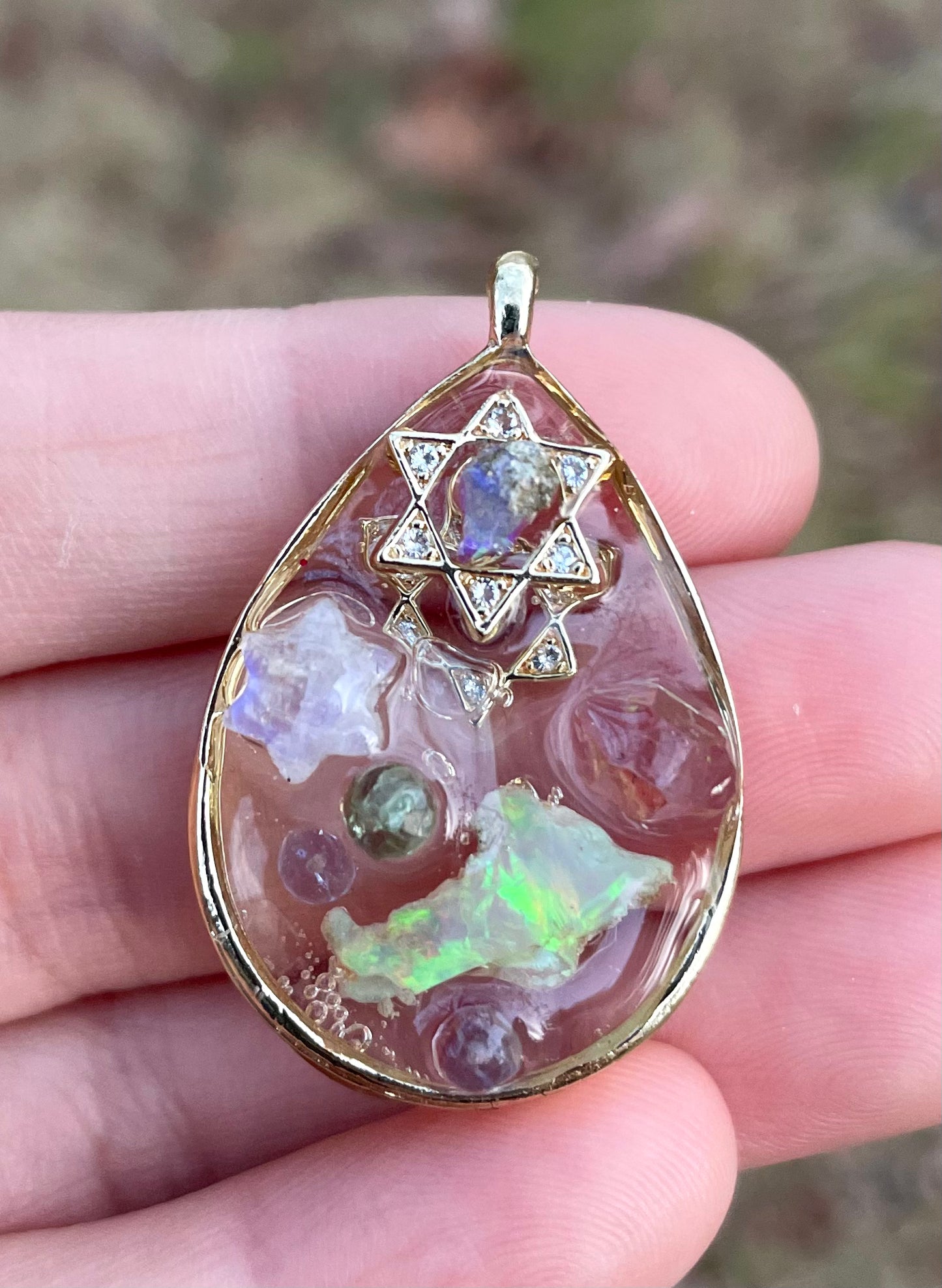 Florescent Pendant 1: Moonstone, Opal, Tanzanite, Quartz & Kyanite Gemstones Magen David